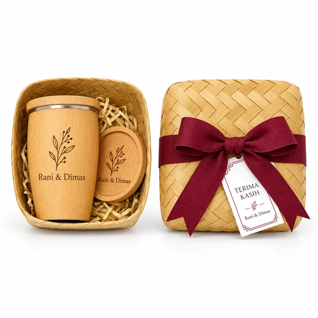 Set Aruna dalam anyaman bambu, grafir daun Rani & Dimas, pita burgundy dan kartu putih.