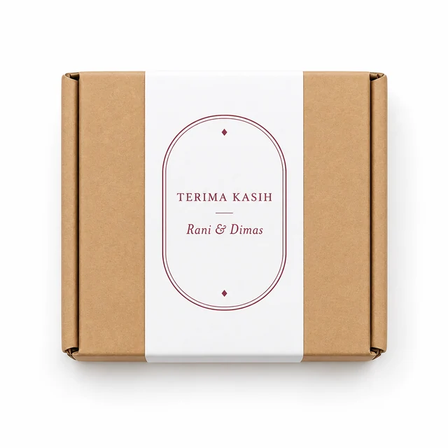 Box kraft tertutup dengan sleeve putih bertuliskan TERIMA KASIH dan Rani & Dimas dalam warna burgundy.