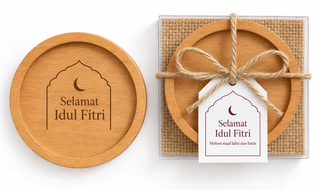 Dua tatakan kayu bergrafir Selamat Idul Fitri, salah satunya dalam mika bertali goni dengan tag putih bermotif bulan sabit.