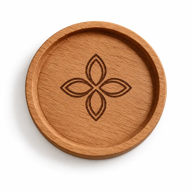 Tatakan kayu bulat Linea dengan bibir terangkat dan grafir motif empat kelopak di atas latar putih