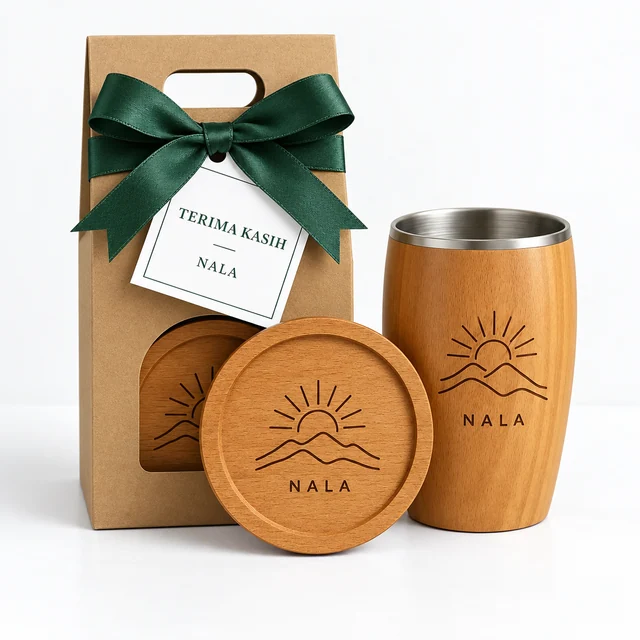 Set Lumier bergrafir matahari dan nama Nala, kemasan kraft dengan pita hijau tua serta kartu ucapan putih.