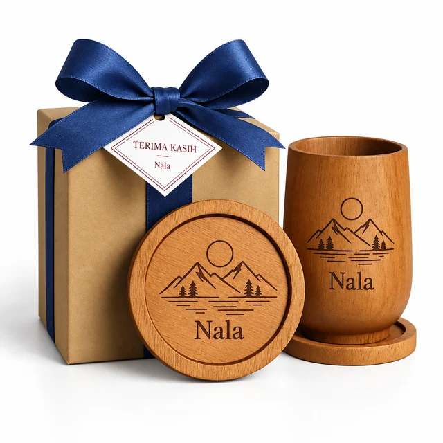 Gelas dan tatakan Natura bergrafir pemandangan gunung Nala, dengan box kraft berpita navy.