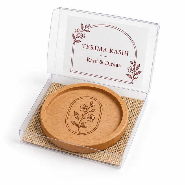 Tatakan kayu bergrafir melati dan lengkung dalam mika terbuka beralas goni dengan kartu Rani & Dimas di latar putih.
