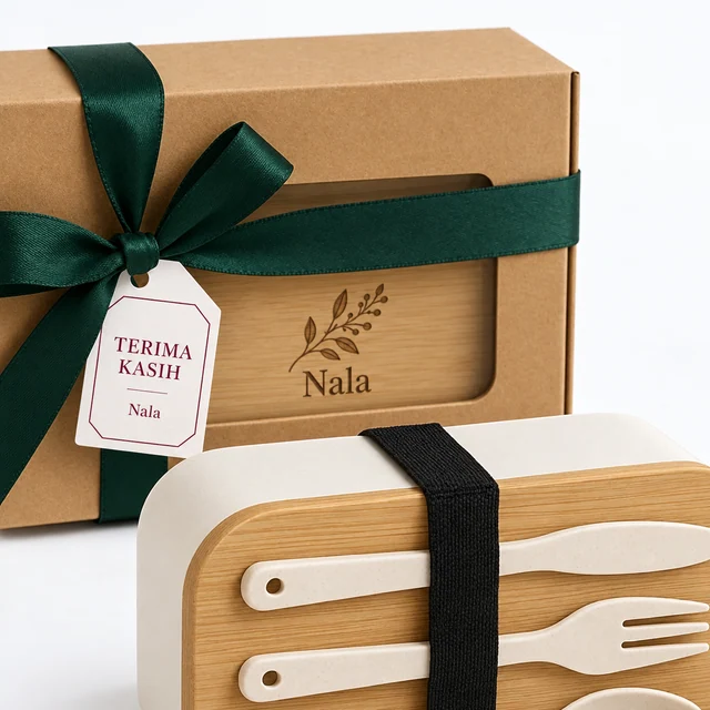 Detail lunch box Viora, box kraft berjendela dengan grafir daun Nala dan pita hijau tua.